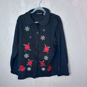 Cottage Creek 2x sweatshirt material button down embroidered poinsettias cardi